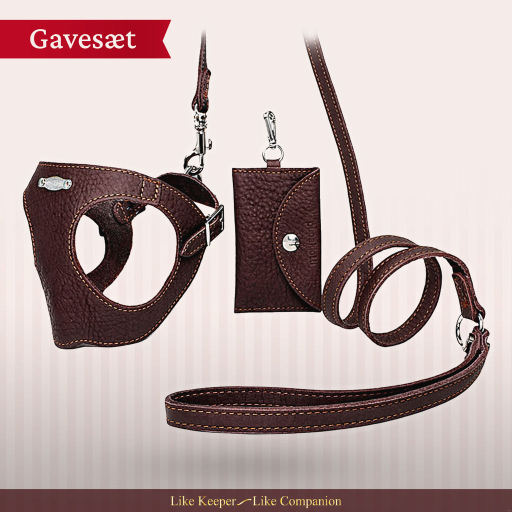 Sæt med ergonomisk Bustier-sele, hundesnor og taske til hundeposer i ægte læder - Deep Brown