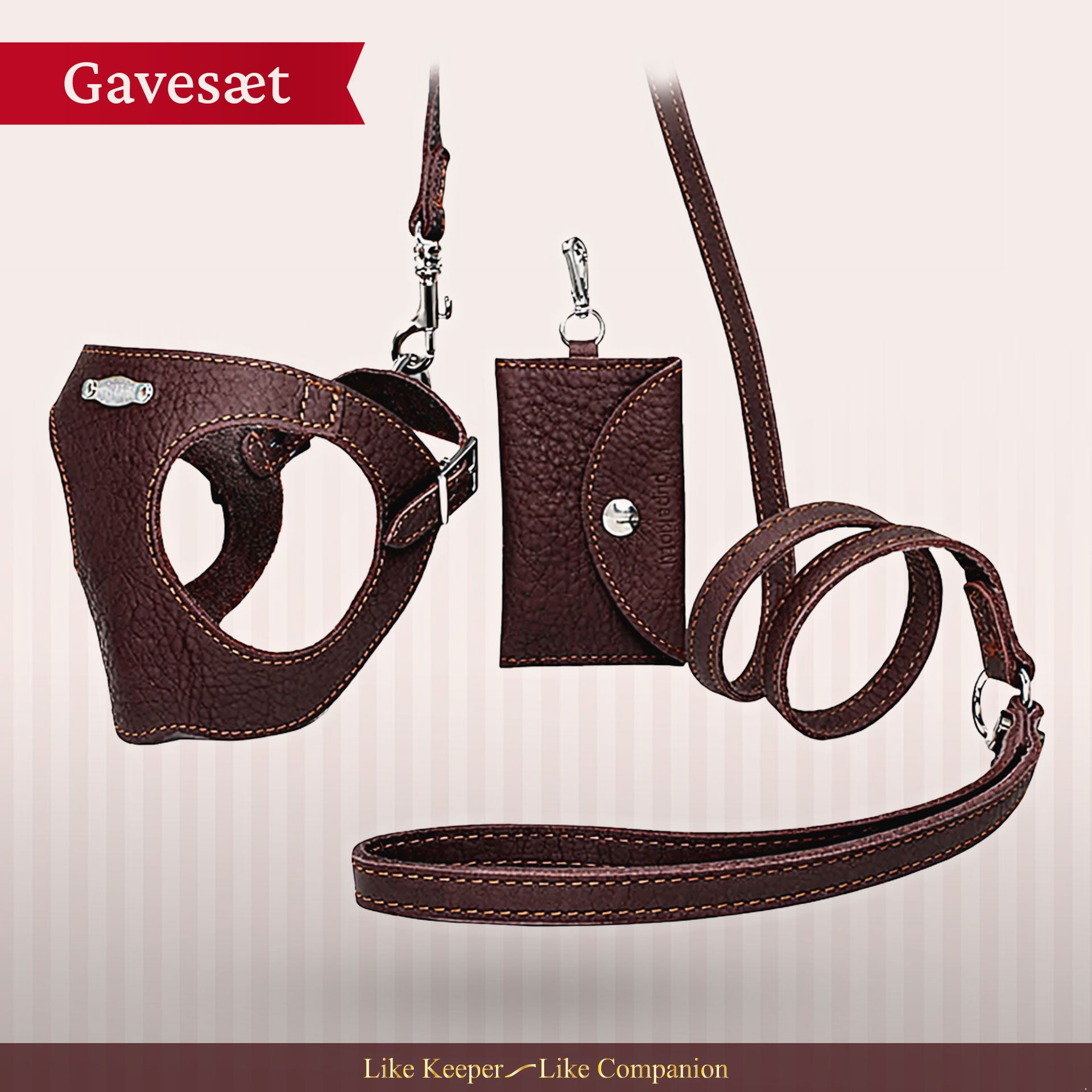 Sæt med ergonomisk Bustier-sele, hundesnor og taske til hundeposer i ægte læder - Deep Brown
