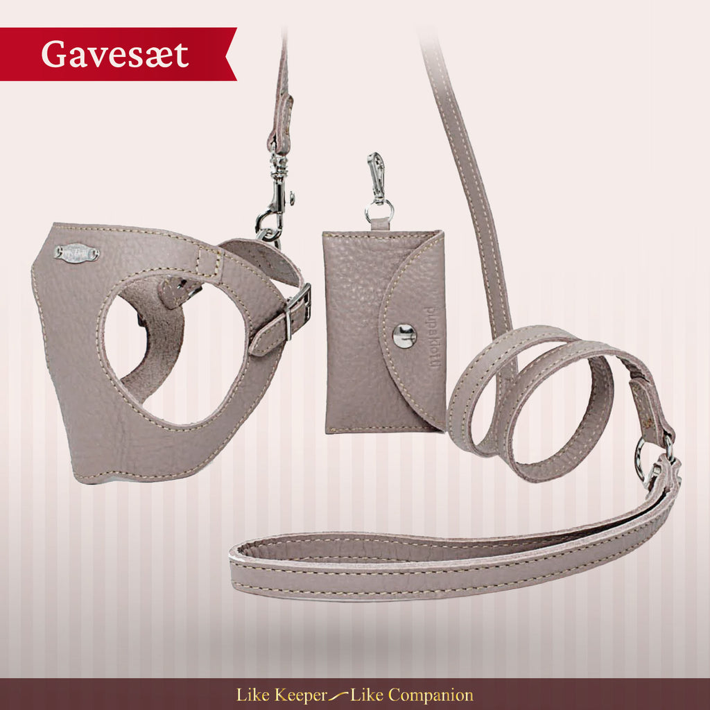 Sæt med ergonomisk Bustier-sele, hundesnor og taske til hundeposer i ægte læder - Nordic Taupe