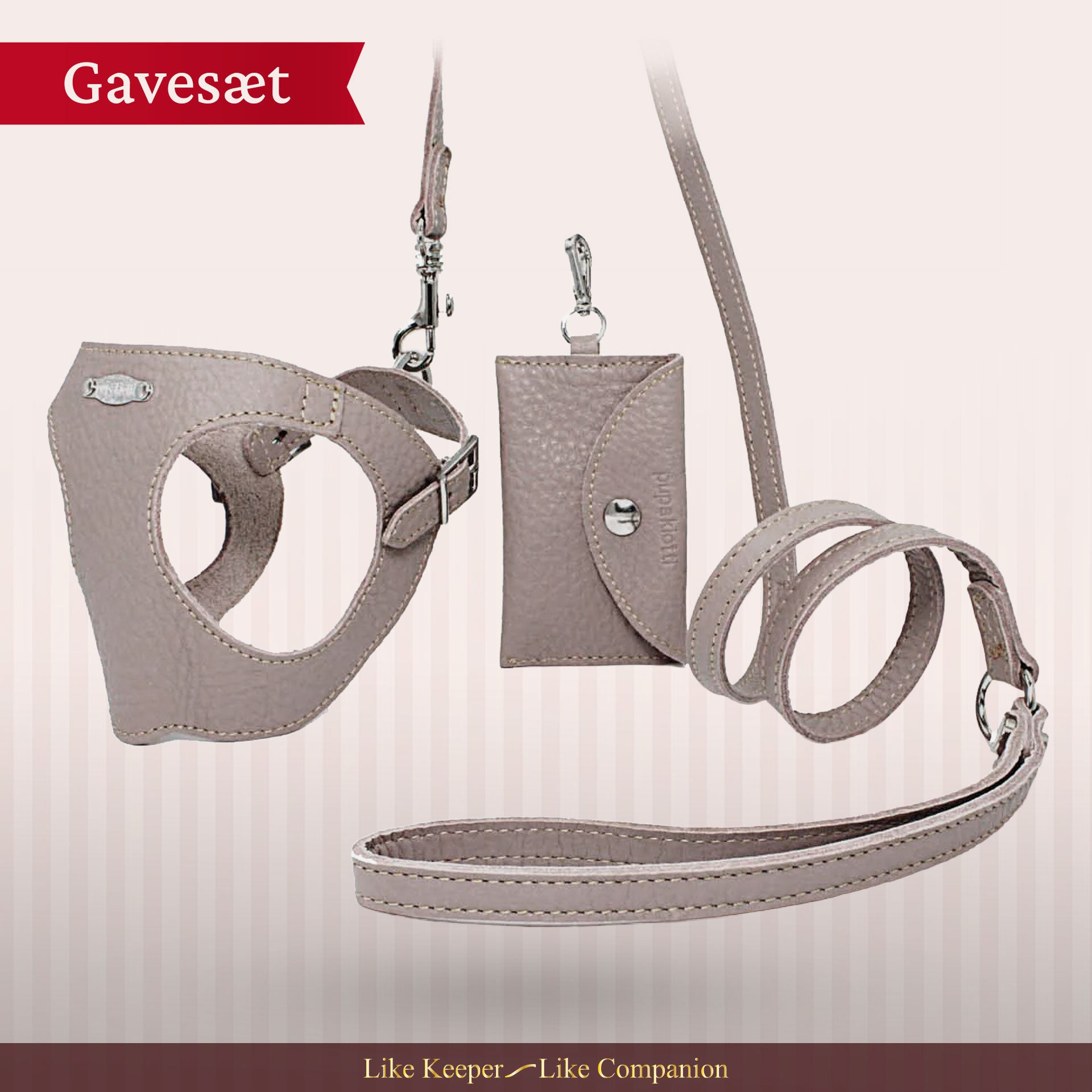 Sæt med ergonomisk Bustier-sele, hundesnor og taske til hundeposer i ægte læder - Nordic Taupe