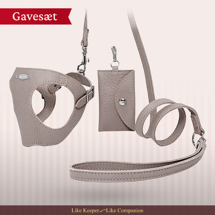 Sæt med ergonomisk Bustier-sele, hundesnor og taske til hundeposer i ægte læder - Nordic Taupe