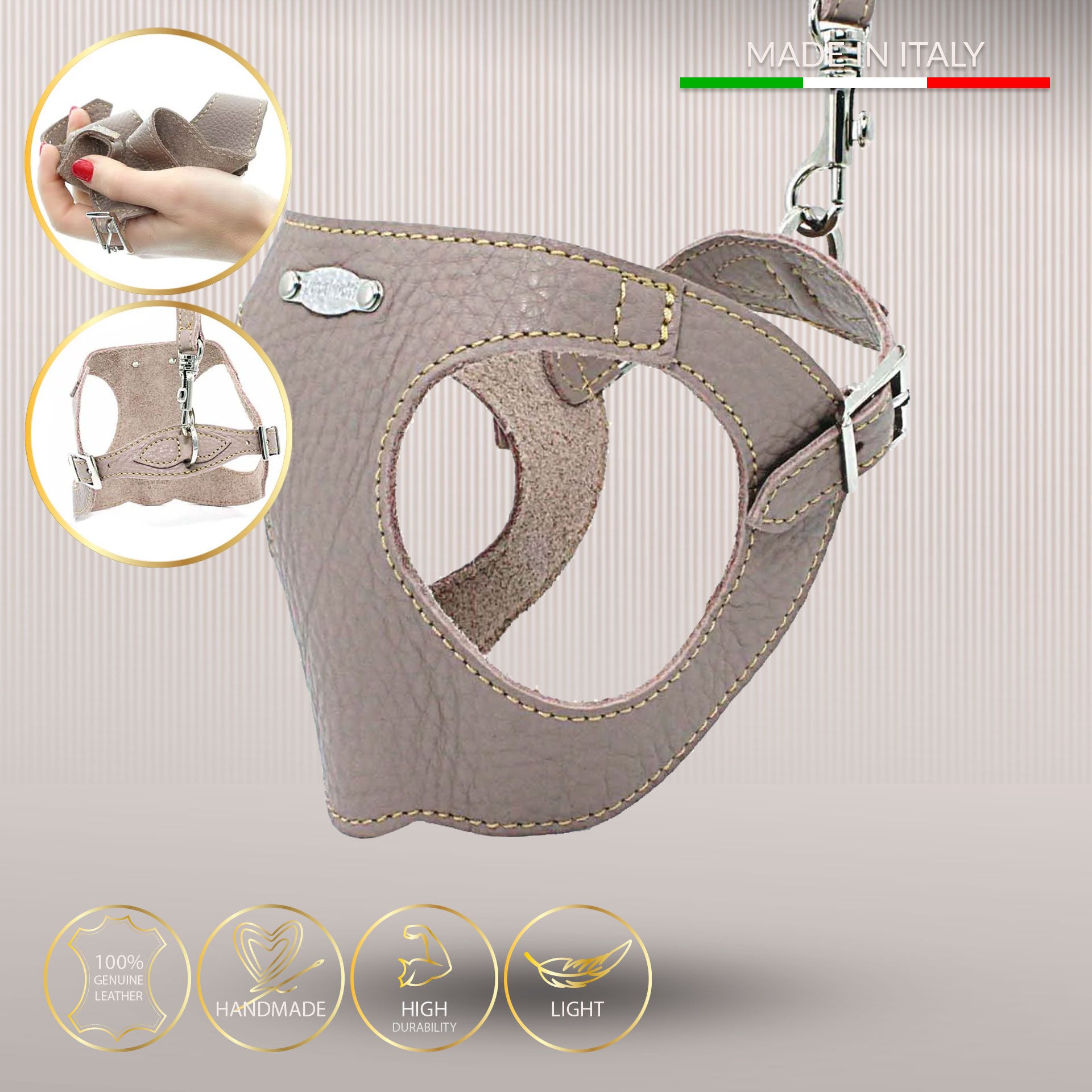 Sæt med ergonomisk Bustier-sele, hundesnor og taske til hundeposer i ægte læder - Nordic Taupe