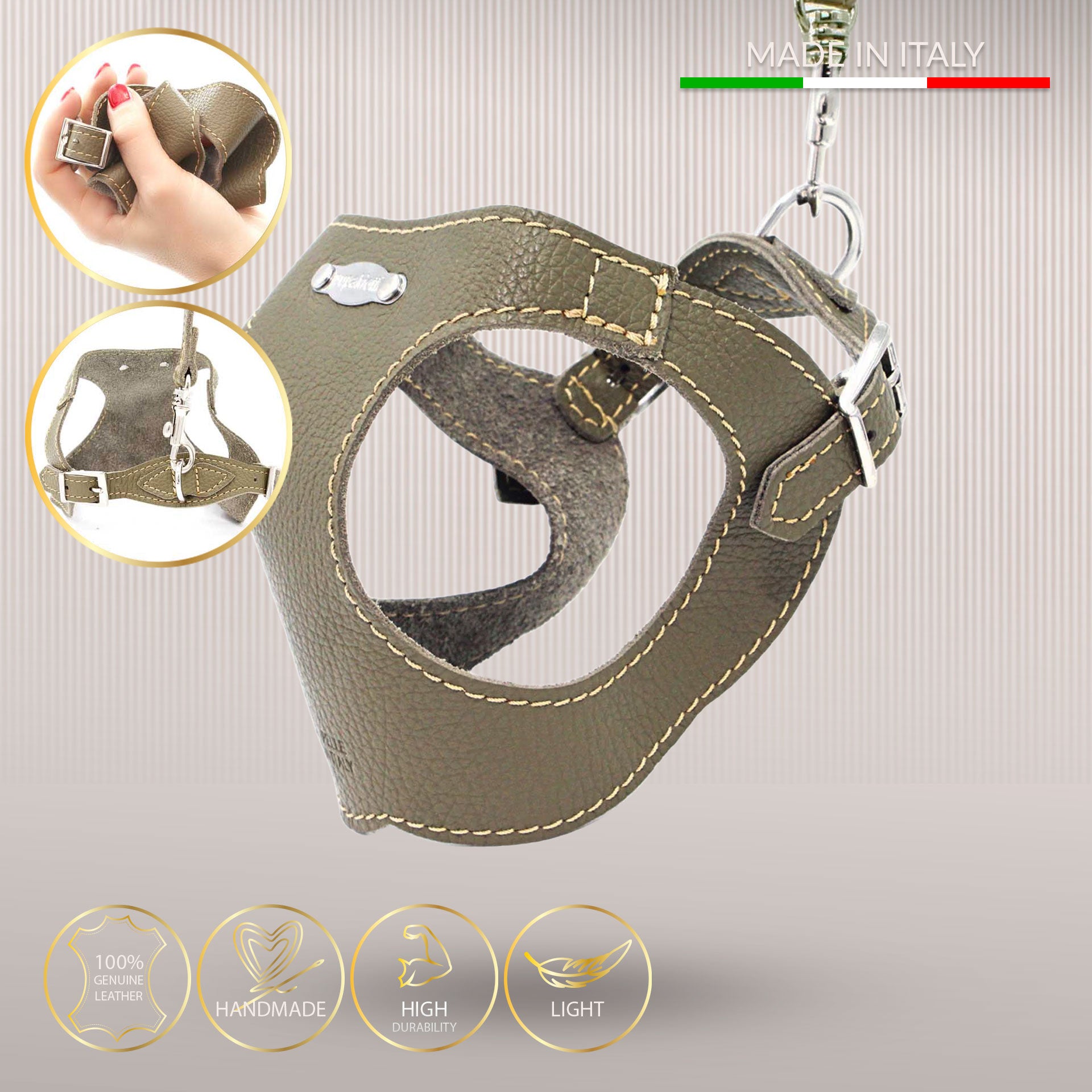Ergonomisk Bustier hundesele i ægte læder - Army