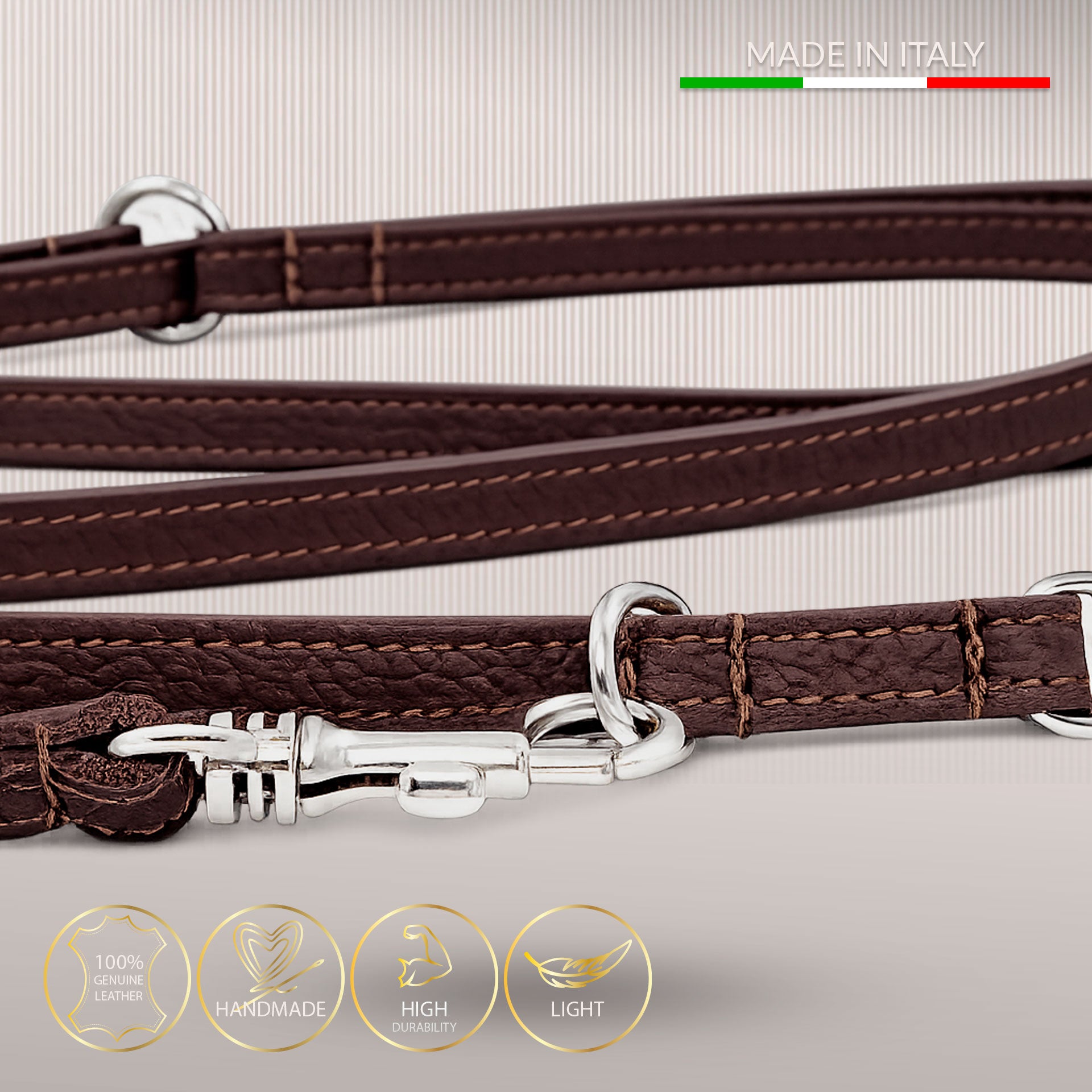 Elegant håndfri og justerbar hundesnor i ægte læder - Deep Brown