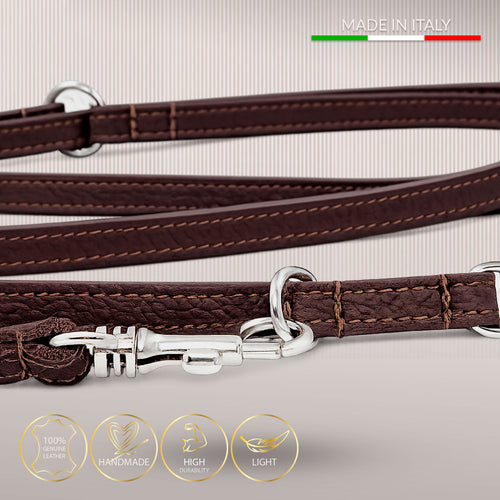 Elegant håndfri og justerbar hundesnor i ægte læder - Deep Brown