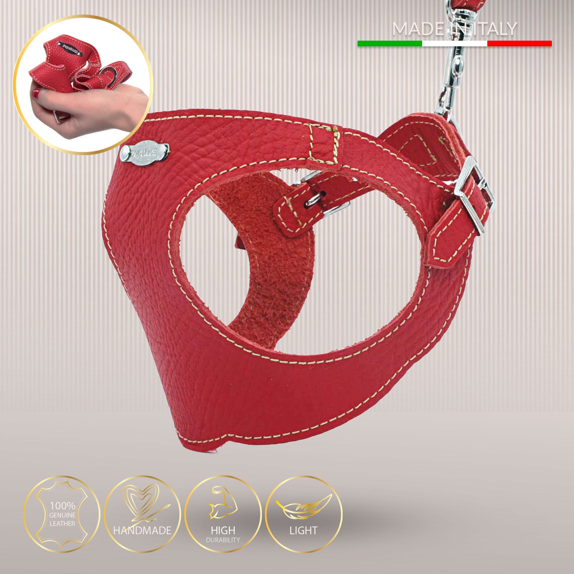 Ergonomisk Bustier hundesele i ægte læder - Rosso